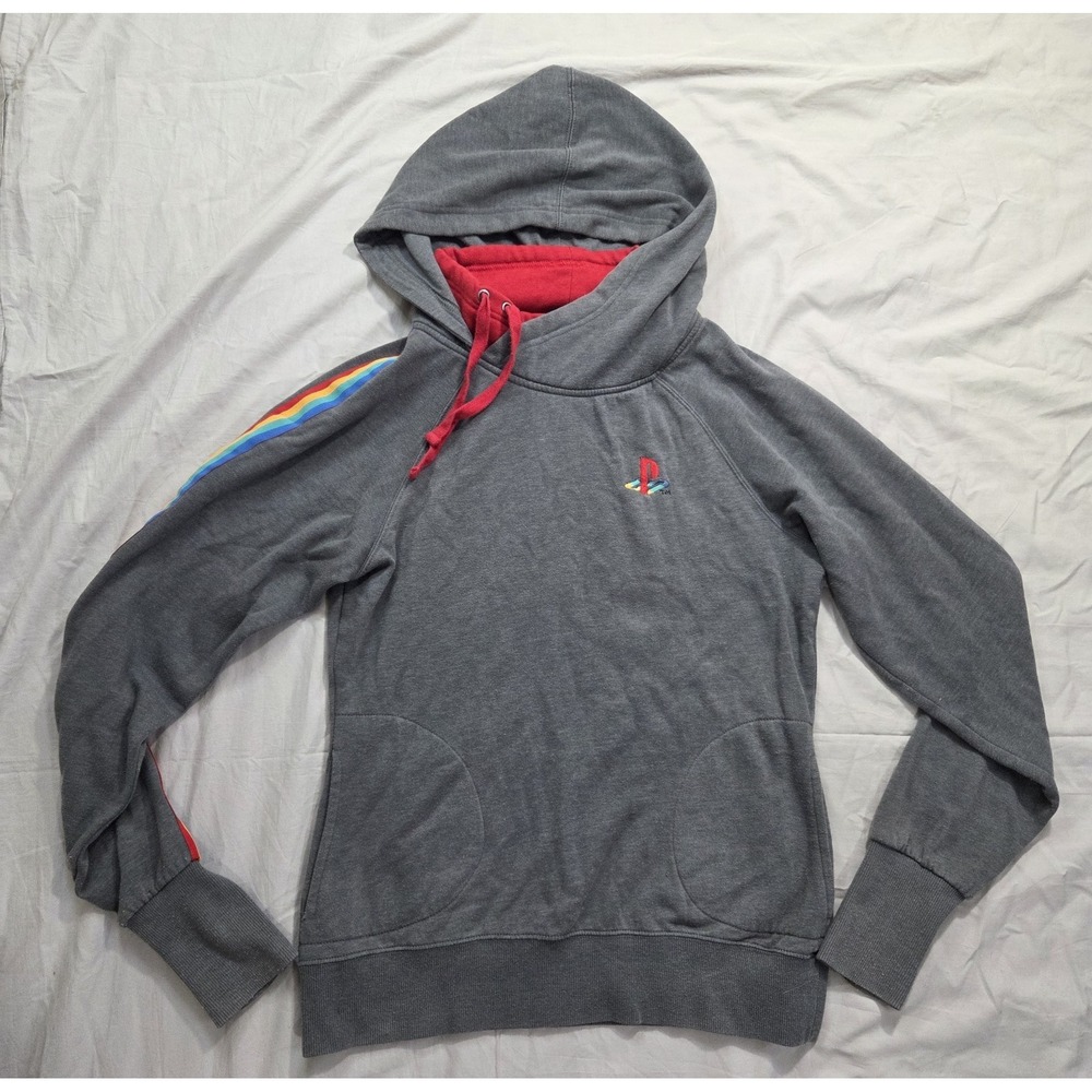 Playstaytion Hoodie Womens Large Gray Gamer Rainbow Striped Embroidered Sweater